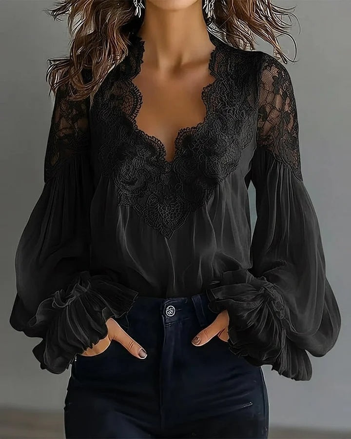 Lace Patchwork Puff Sleeve Pleated Blouse