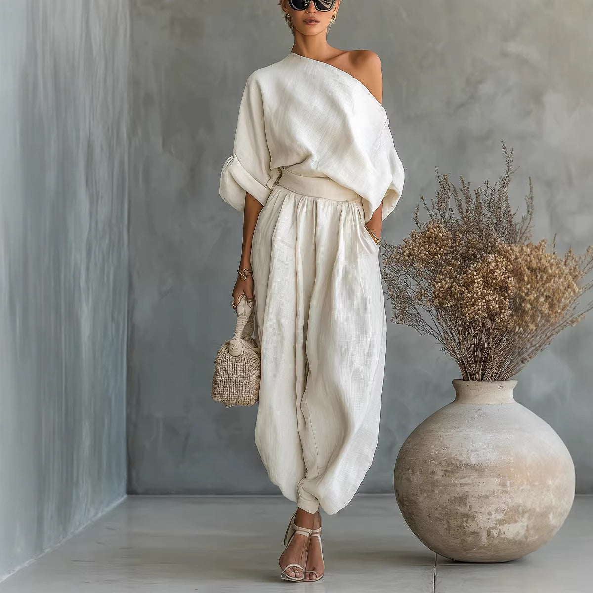 Womens Cotton Linen Wide Leg Pants Suit