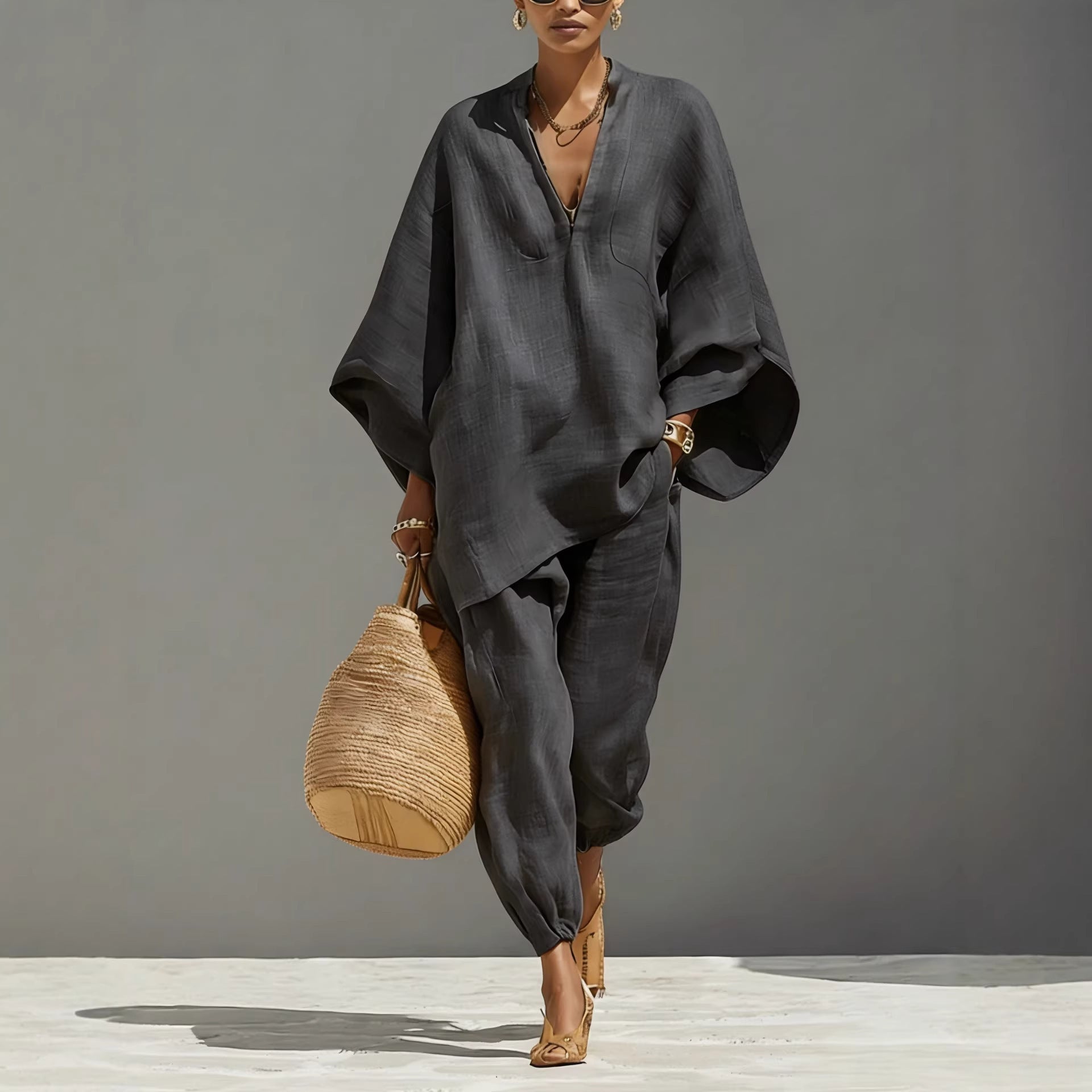 Womens Batwing Sleeve Casual Shirt Set