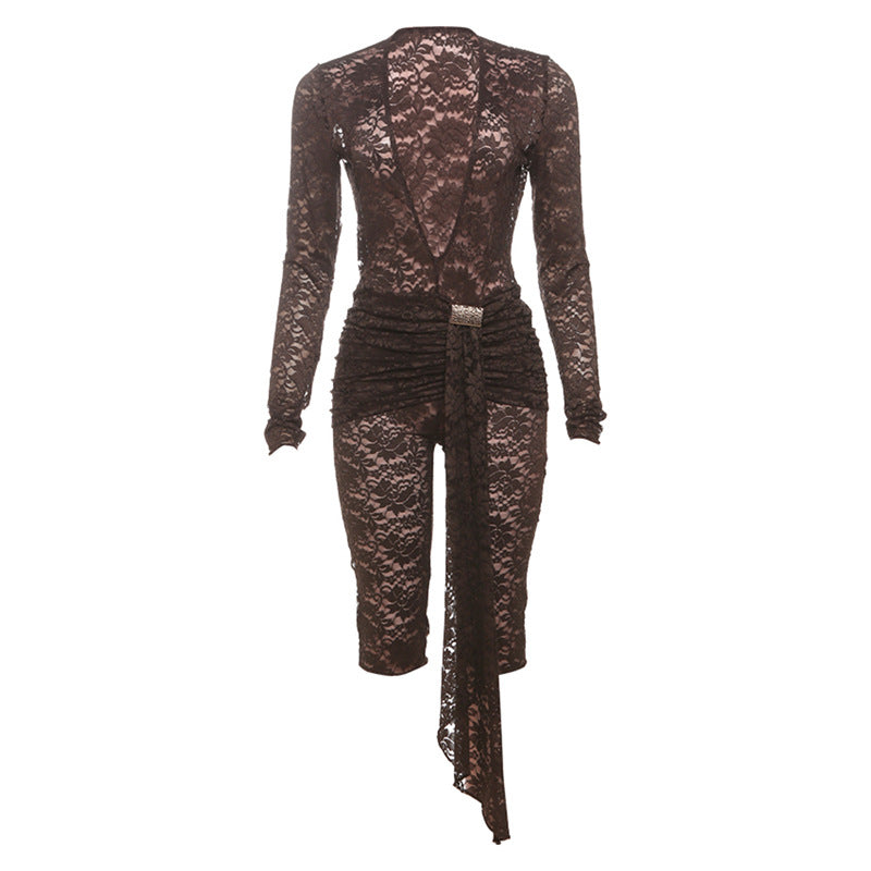 Lace Deep V Neck Long Sleeve Jumpsuit