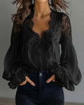 Lace Patchwork Puff Sleeve Pleated Blouse