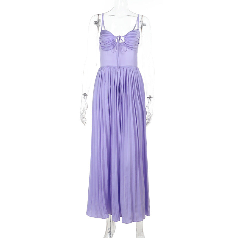 Lace-Up Backless Pleated Long Dress