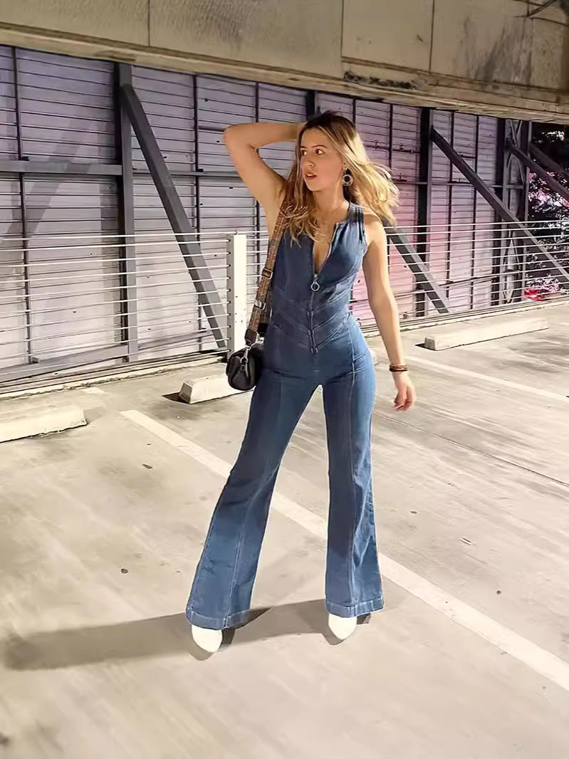 Slim-fit sleeveless denim jumpsuit