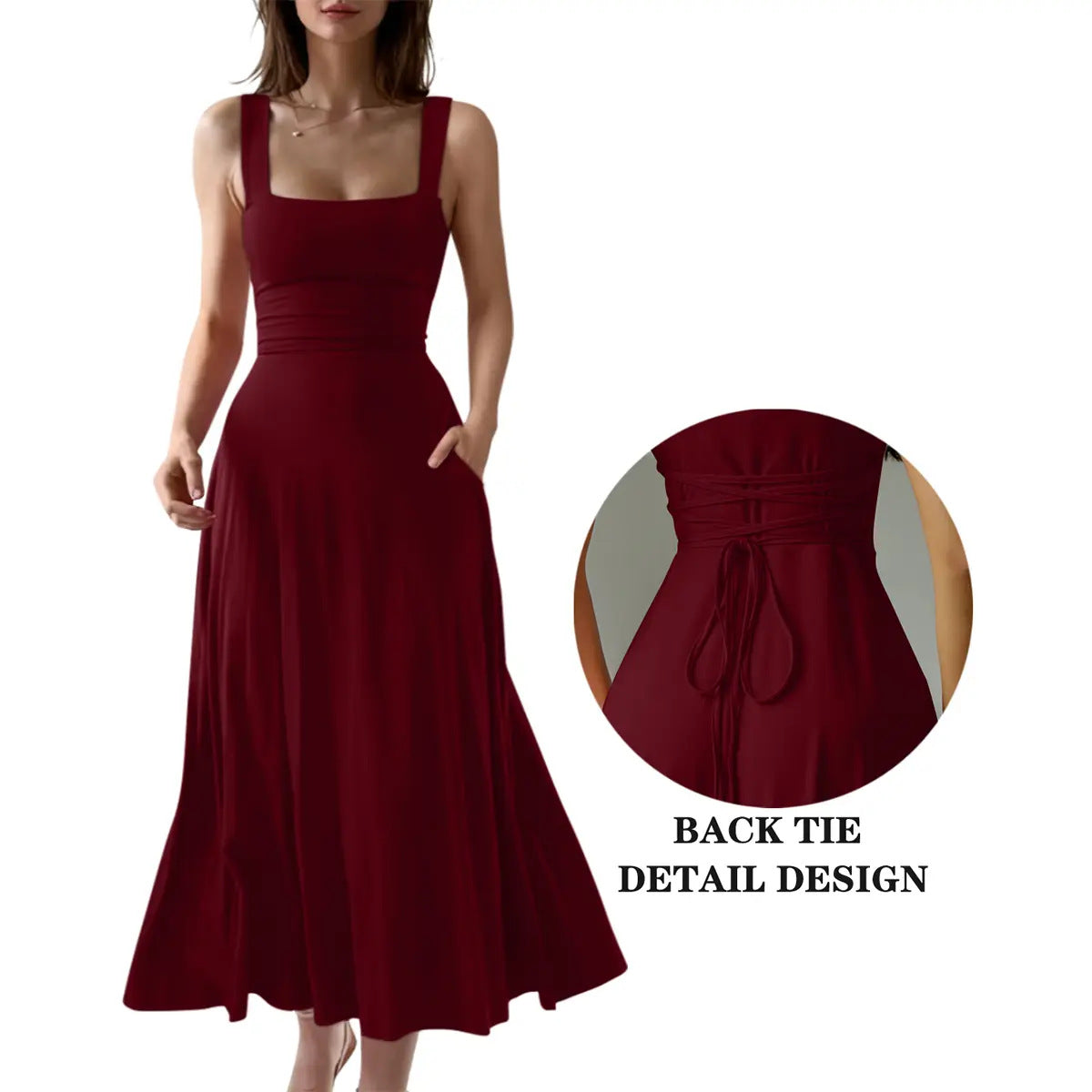 Elegant Thick Strap Square Neck Long Dress