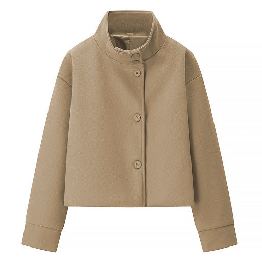 Short wool-blend single-breasted coat with a stand-up collar