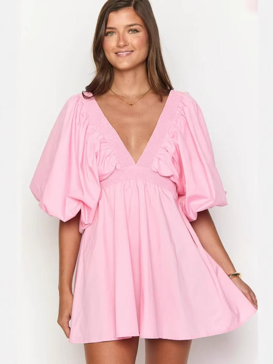French Summer Cotton Bubble Sleeve Dress