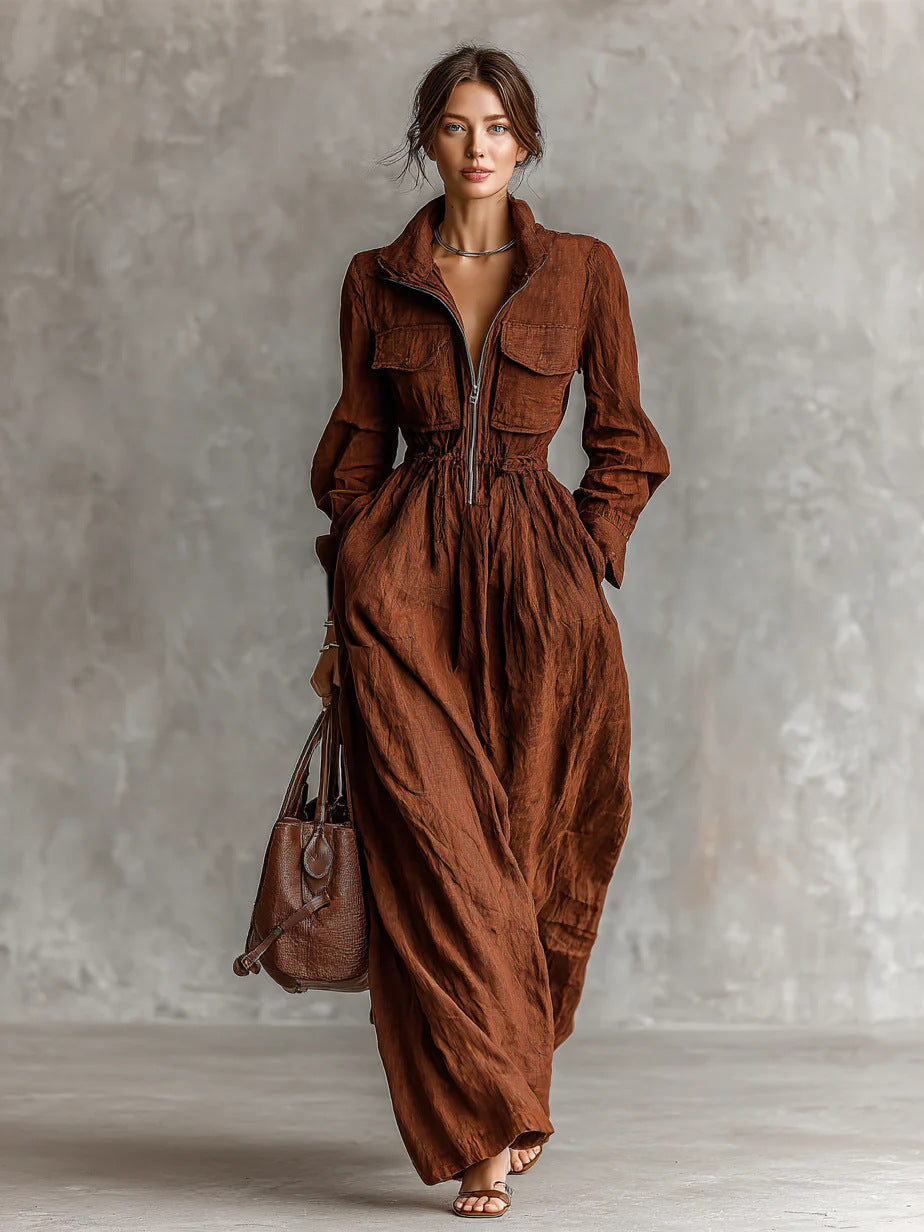 Women's Zip-Up Lapel Long Dress