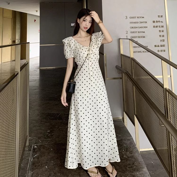 French Lace-Up Puff Sleeve Polka Dot Dress