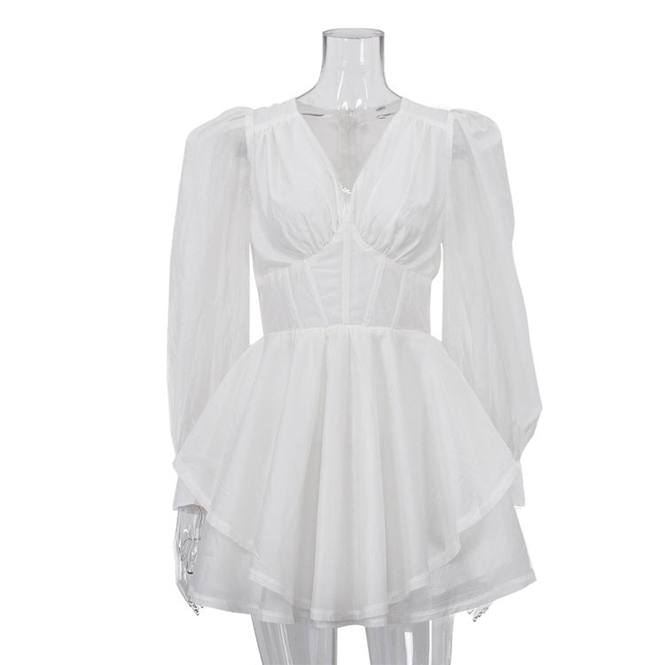 Womens V-Neck Long Sleeve A-Line Dress