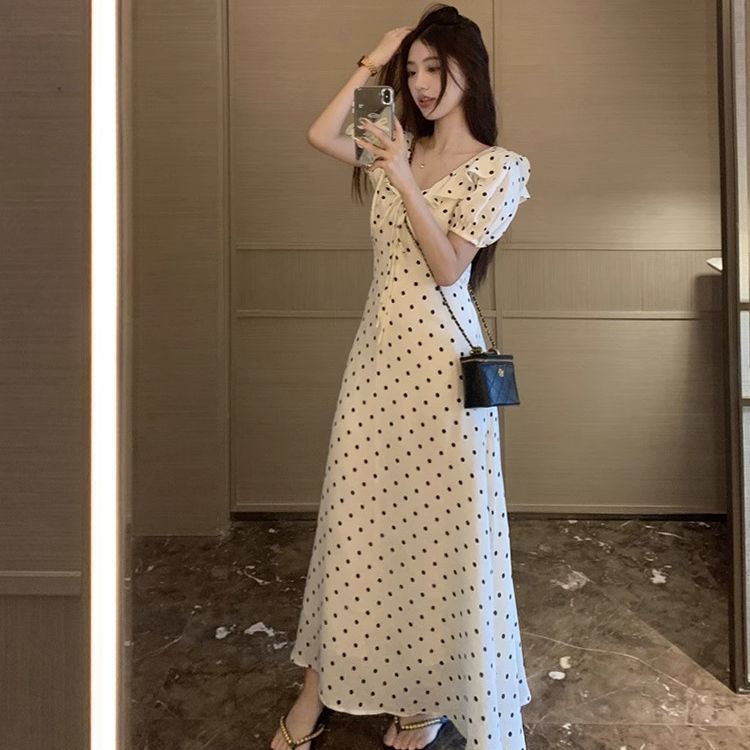 French Lace-Up Puff Sleeve Polka Dot Dress
