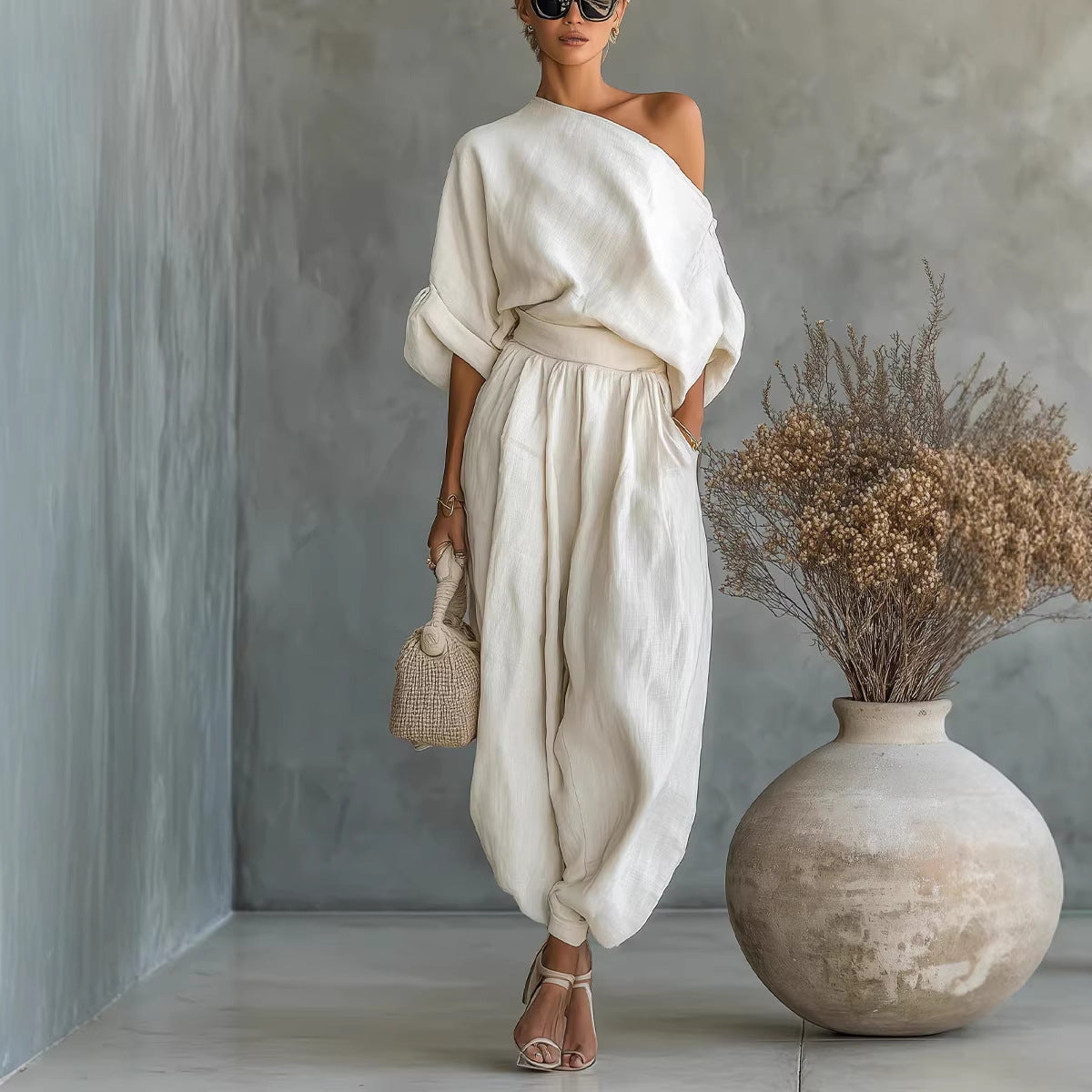 Womens Cotton Linen Wide Leg Pants Suit