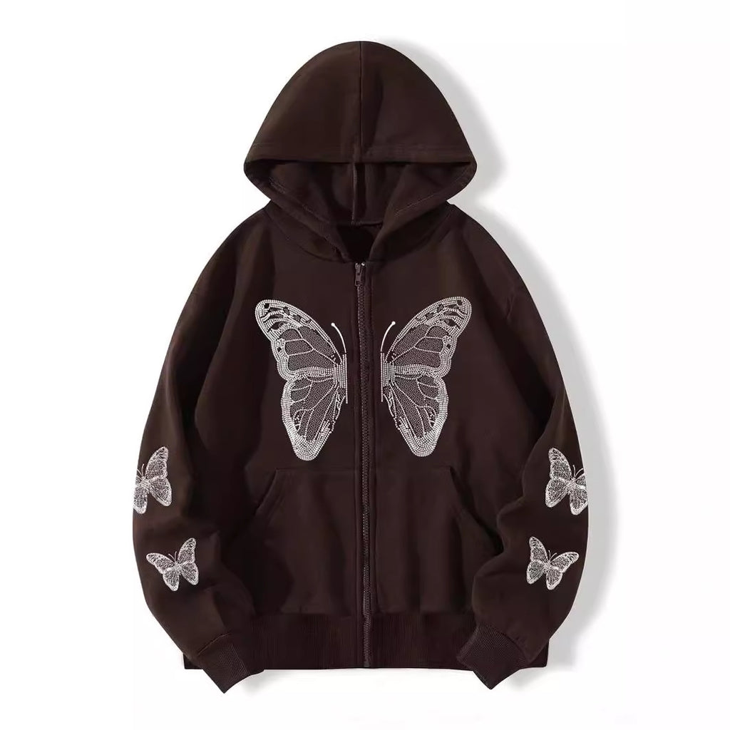 Butterfly Print Fleece Hooded Sweatshirt