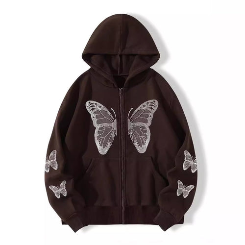 Butterfly Print Fleece Hooded Sweatshirt