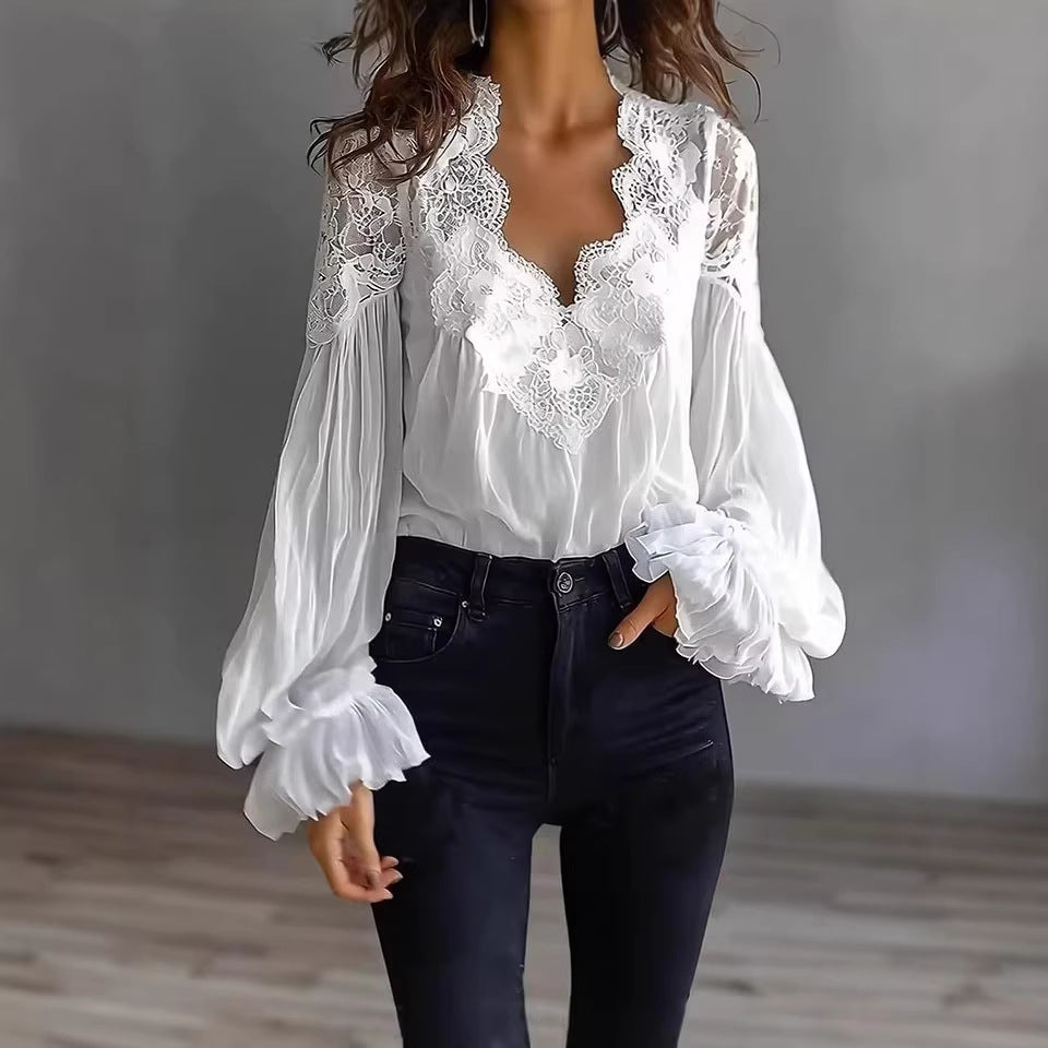 Lace Patchwork Puff Sleeve Pleated Blouse