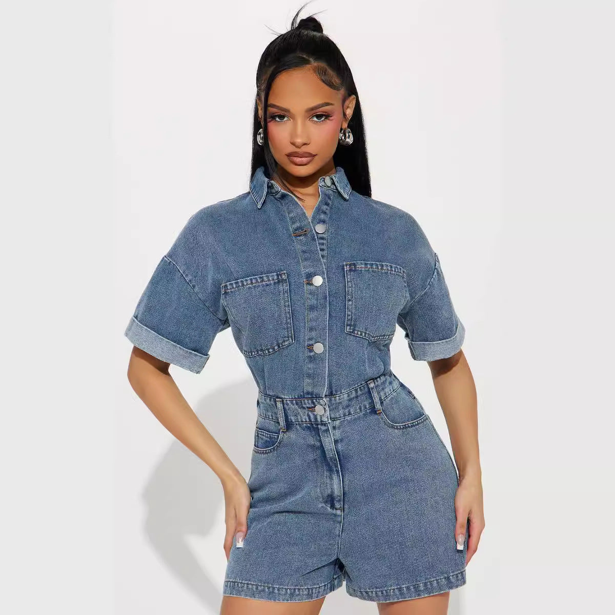 Women's Denim Jumpsuit with Stretch Waist