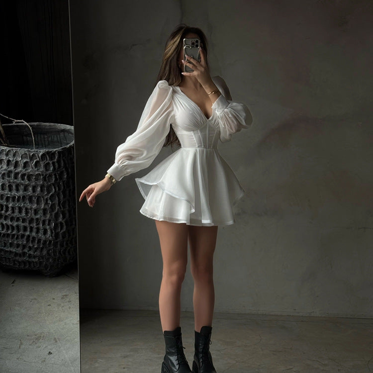 Womens V-Neck Long Sleeve A-Line Dress