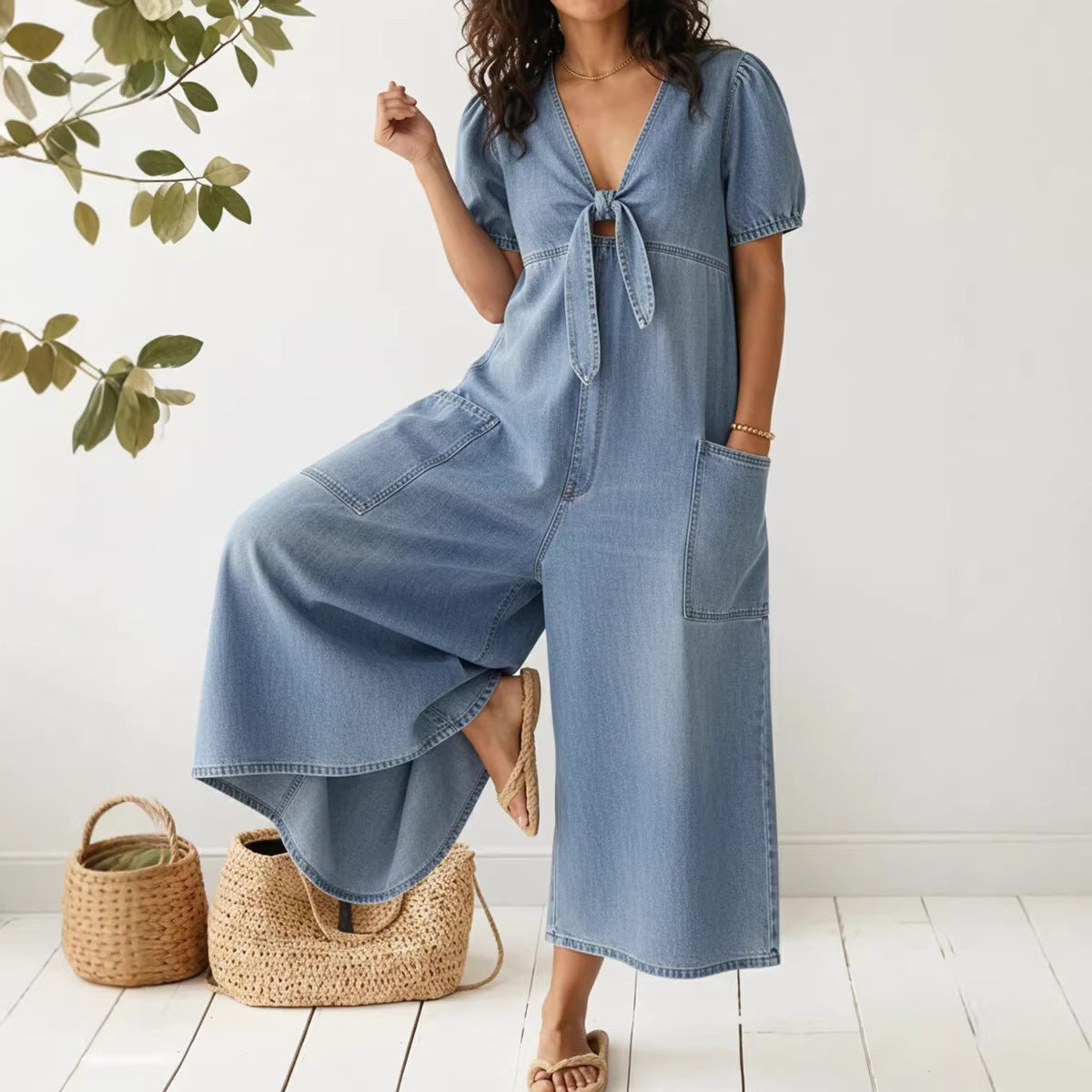 Women's Denim V-Neck Jumpsuit