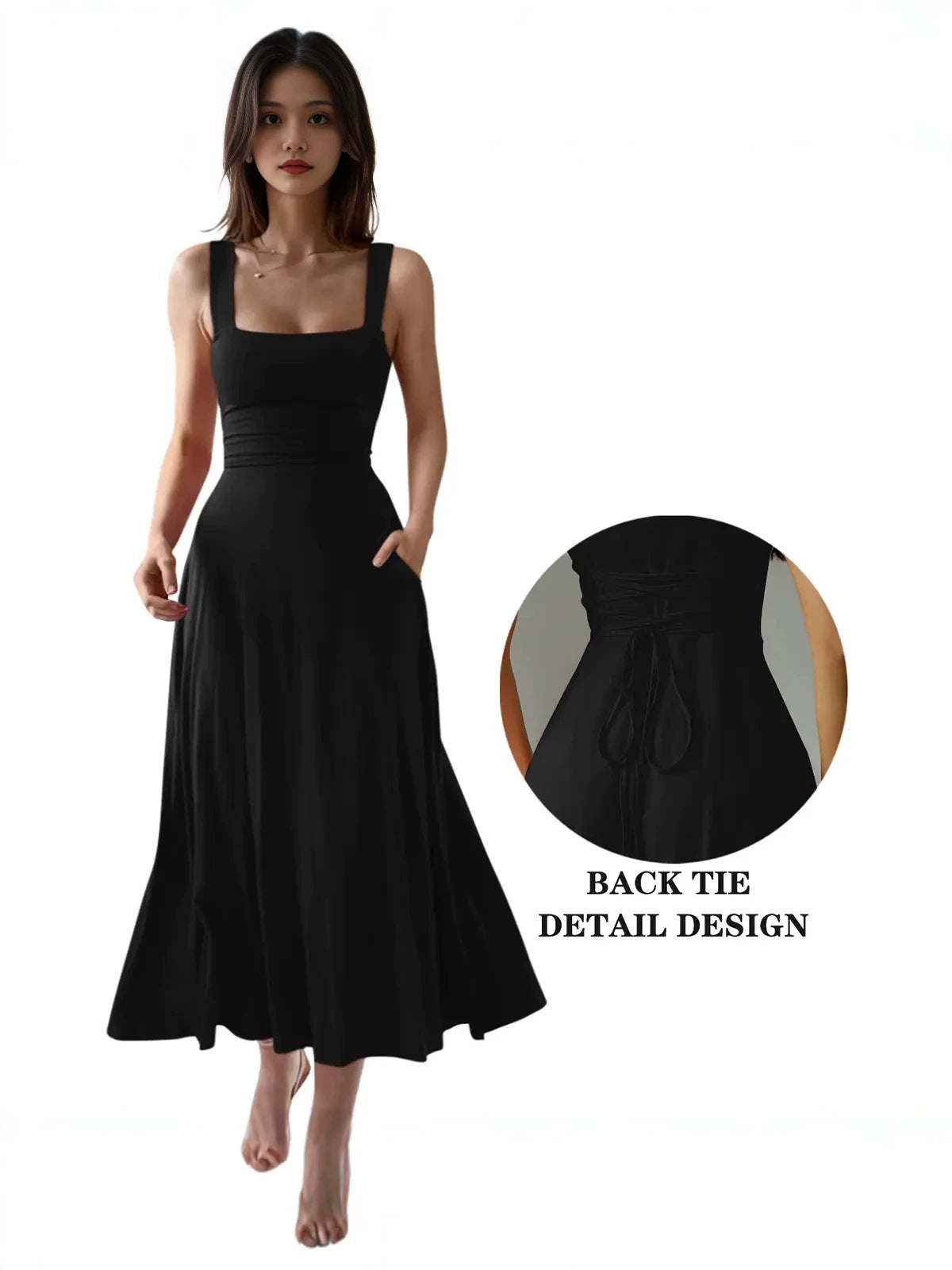 Elegant Thick Strap Square Neck Long Dress