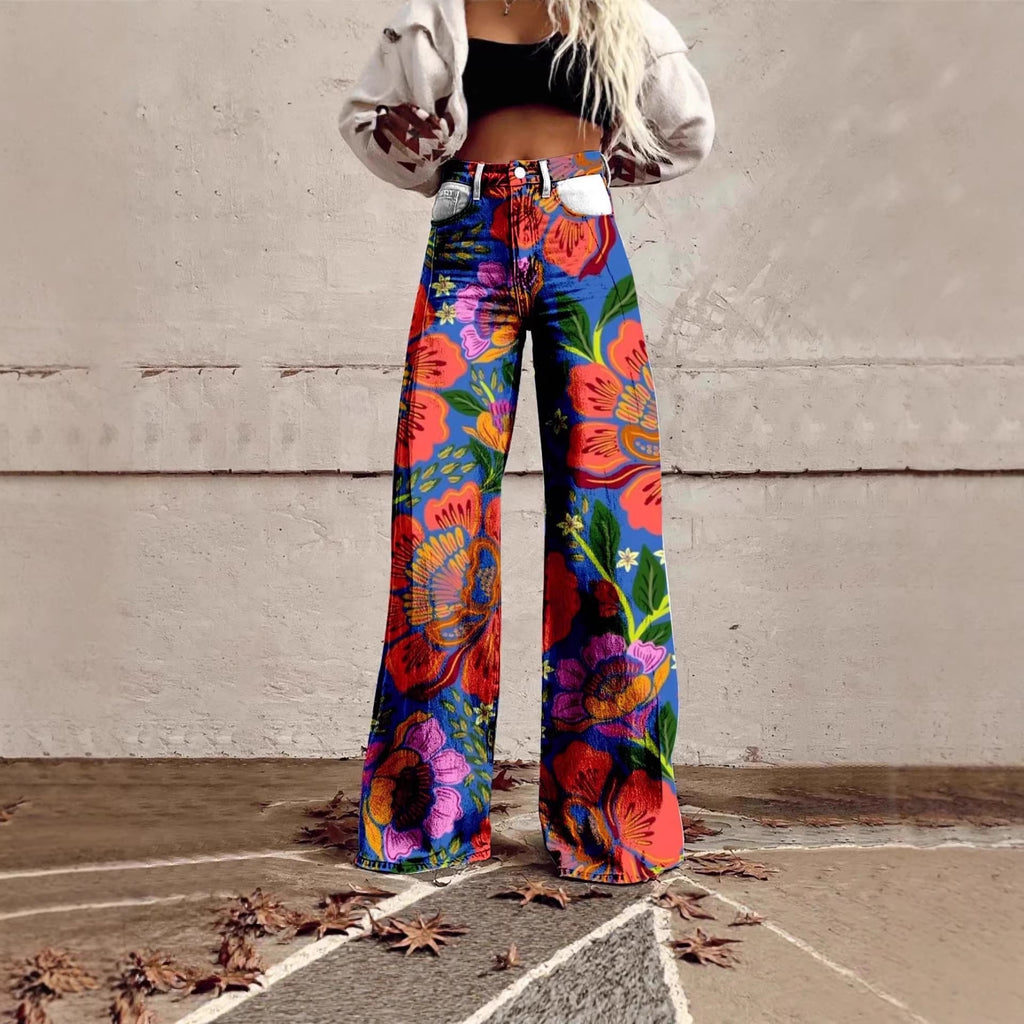 Women's 3D Printed Faux Denim Wide-Leg Pants