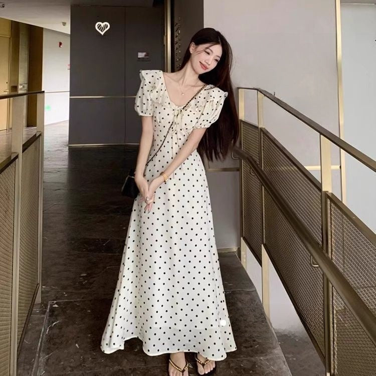 French Lace-Up Puff Sleeve Polka Dot Dress