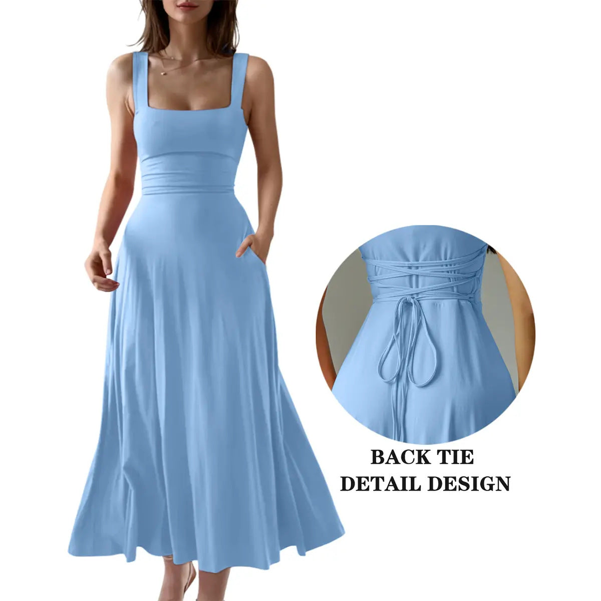 Elegant Thick Strap Square Neck Long Dress