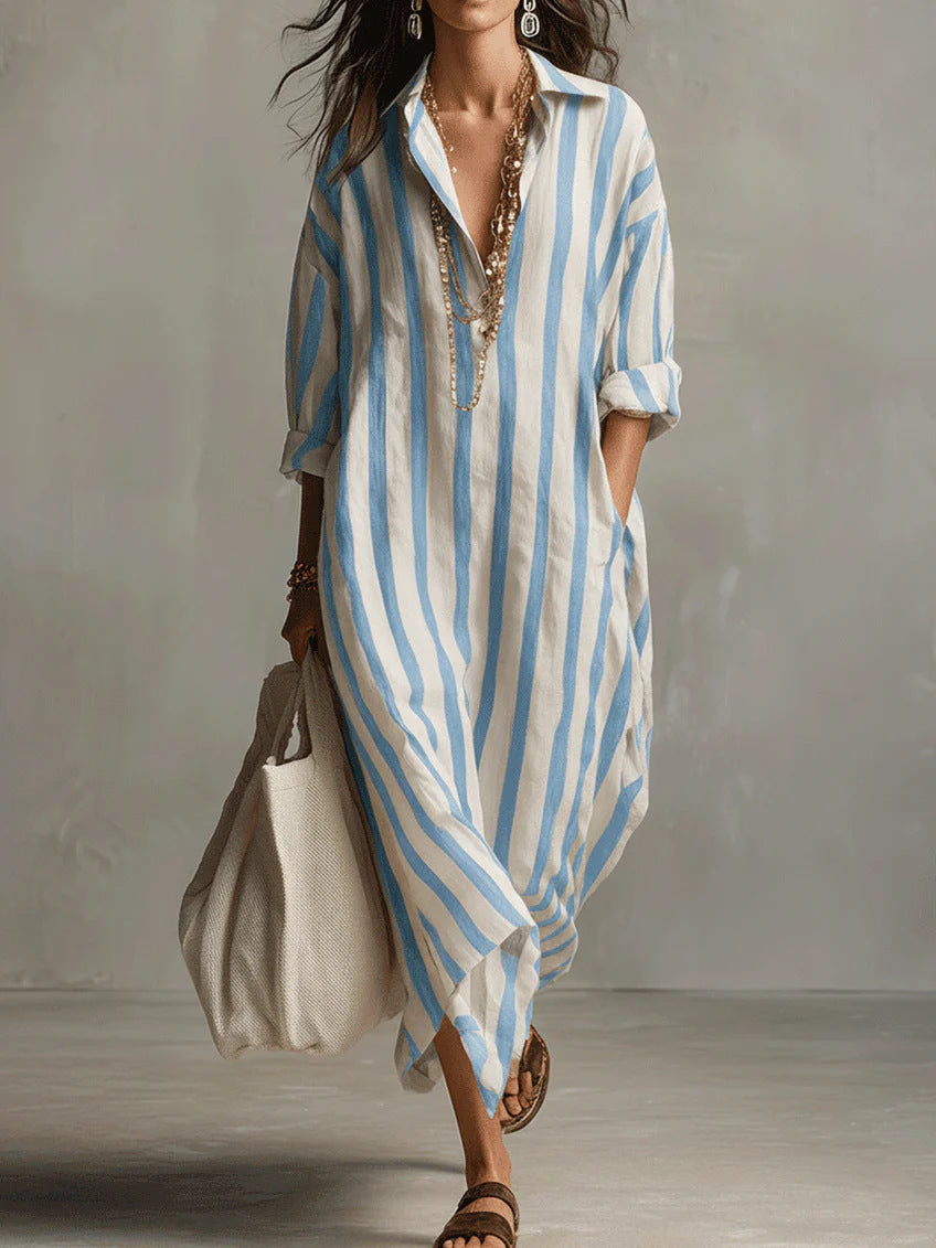 Loose V-Neck Striped Shirt Dress
