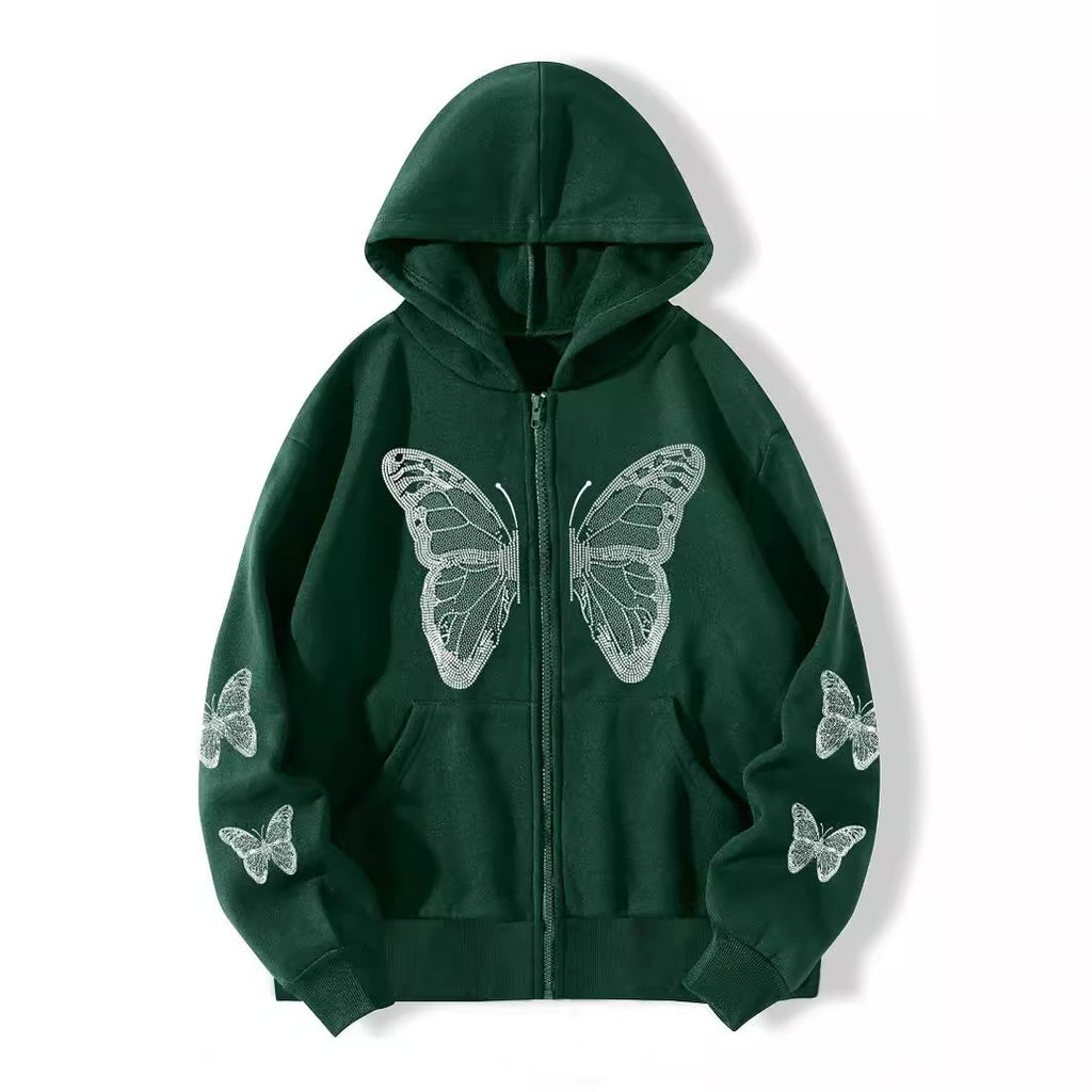 Butterfly Print Fleece Hooded Sweatshirt