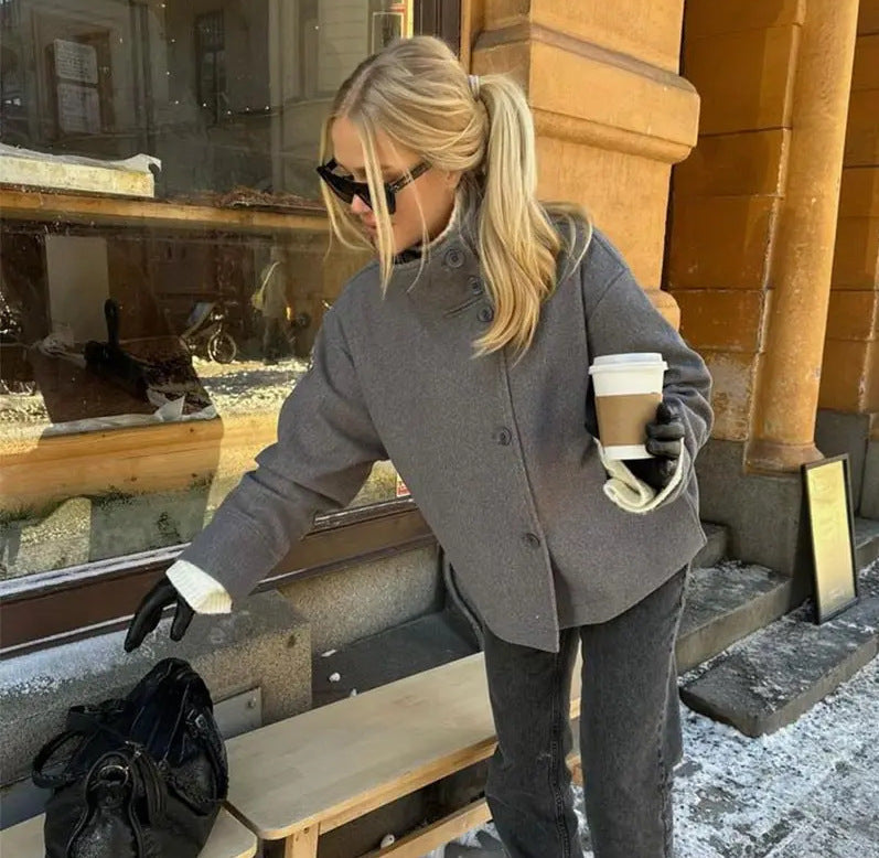 Short wool-blend single-breasted coat with a stand-up collar
