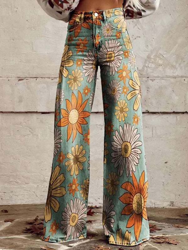 Women's 3D Printed Faux Denim Wide-Leg Pants