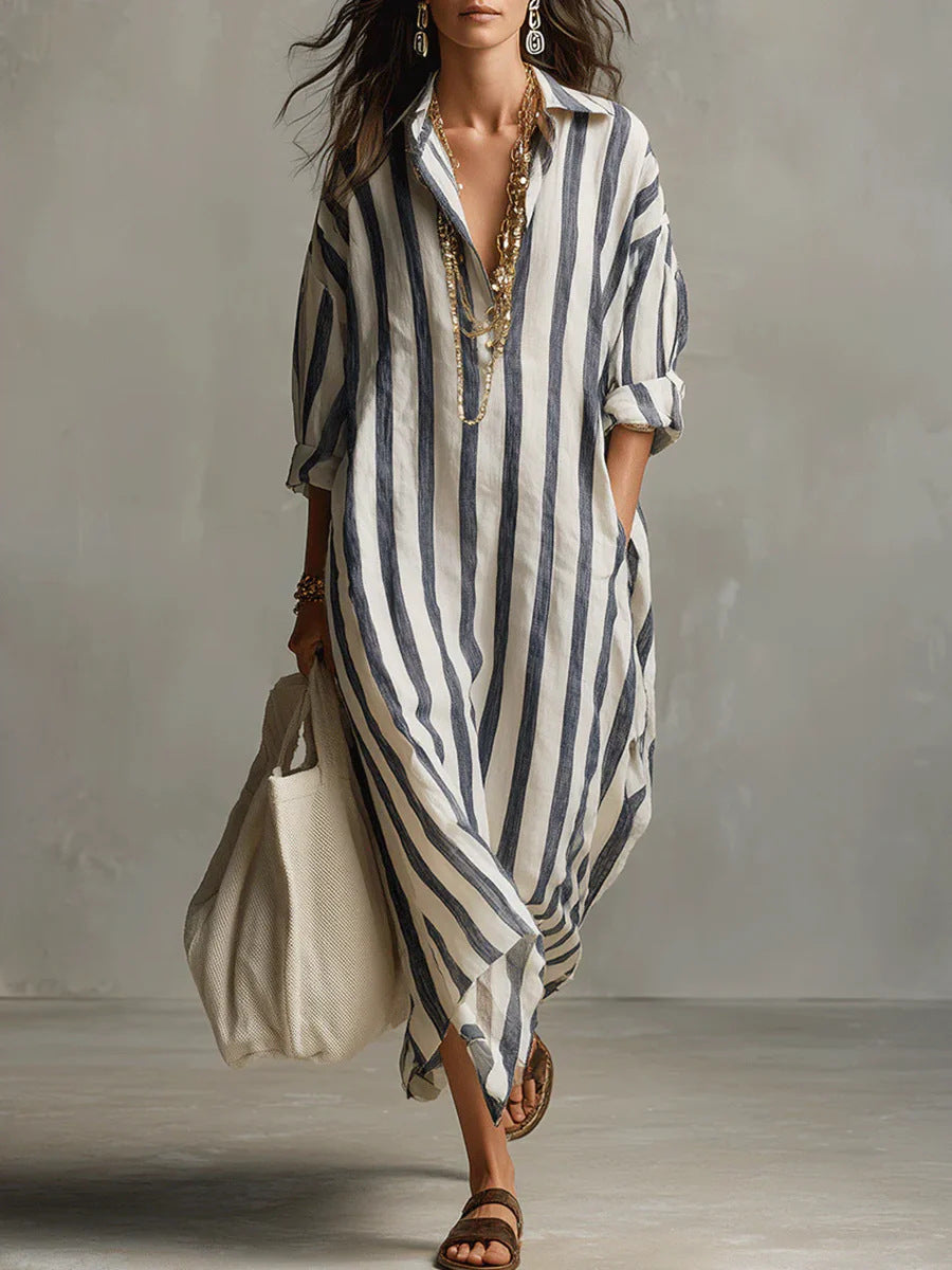 Loose V-Neck Striped Shirt Dress