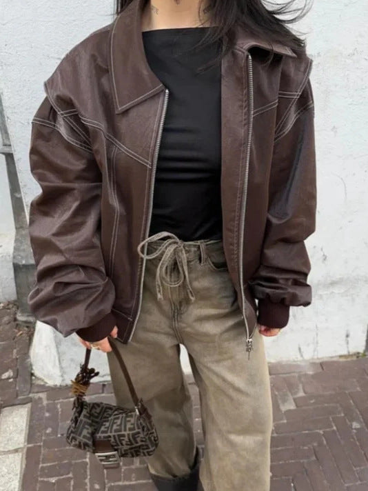 Retro Loose Fit Lapel Zipper Jacket