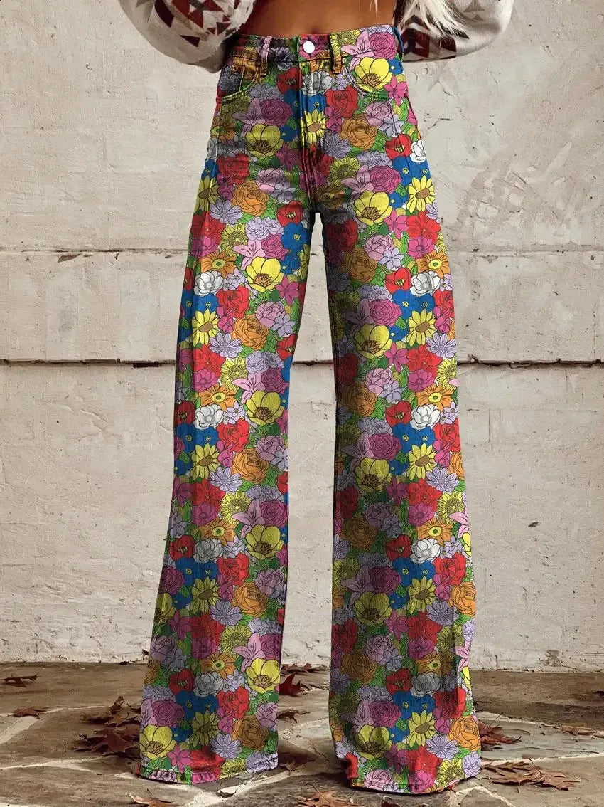 Women's 3D Printed Faux Denim Wide-Leg Pants