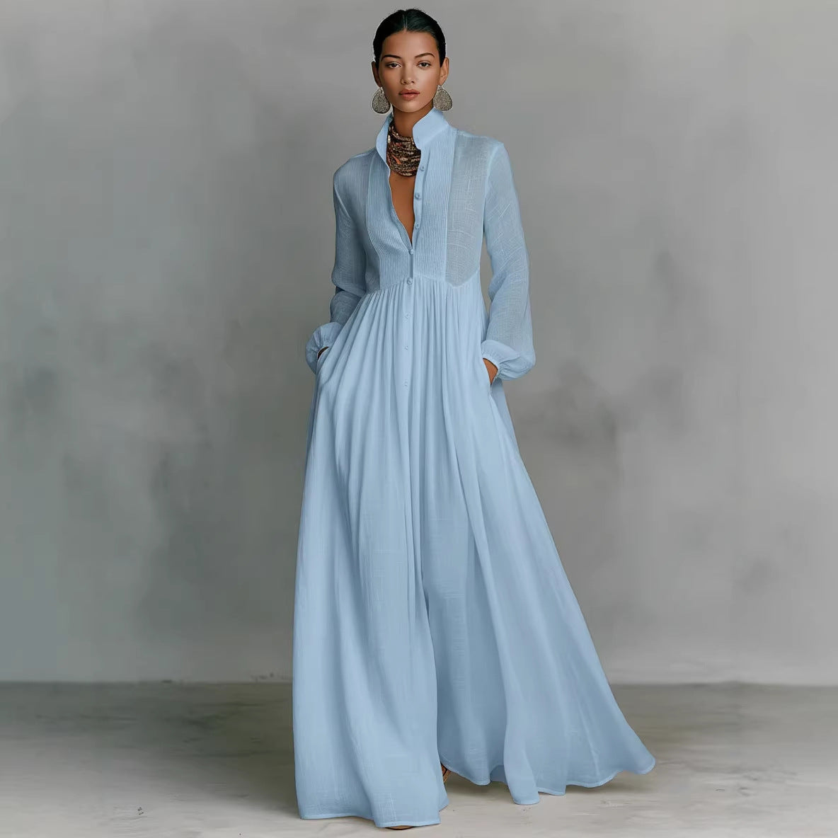 Elegant Pleated Long Sleeve Dress