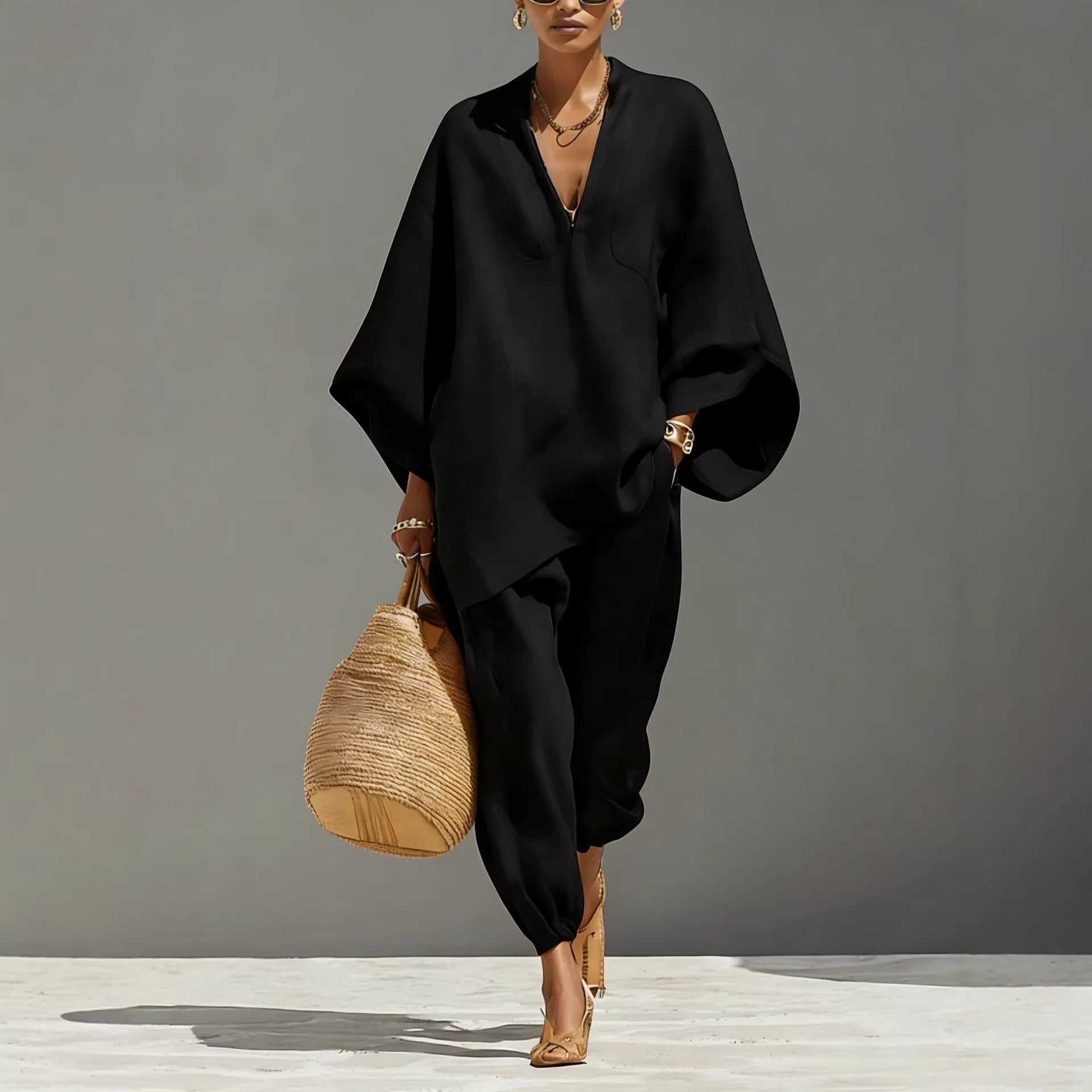 Womens Batwing Sleeve Casual Shirt Set