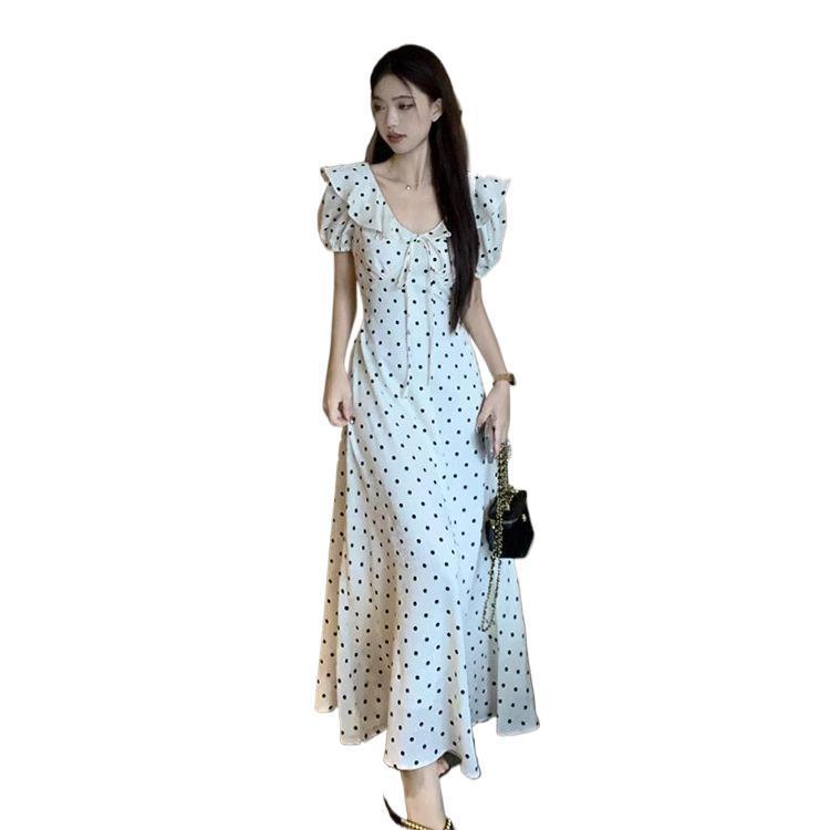 French Lace-Up Puff Sleeve Polka Dot Dress