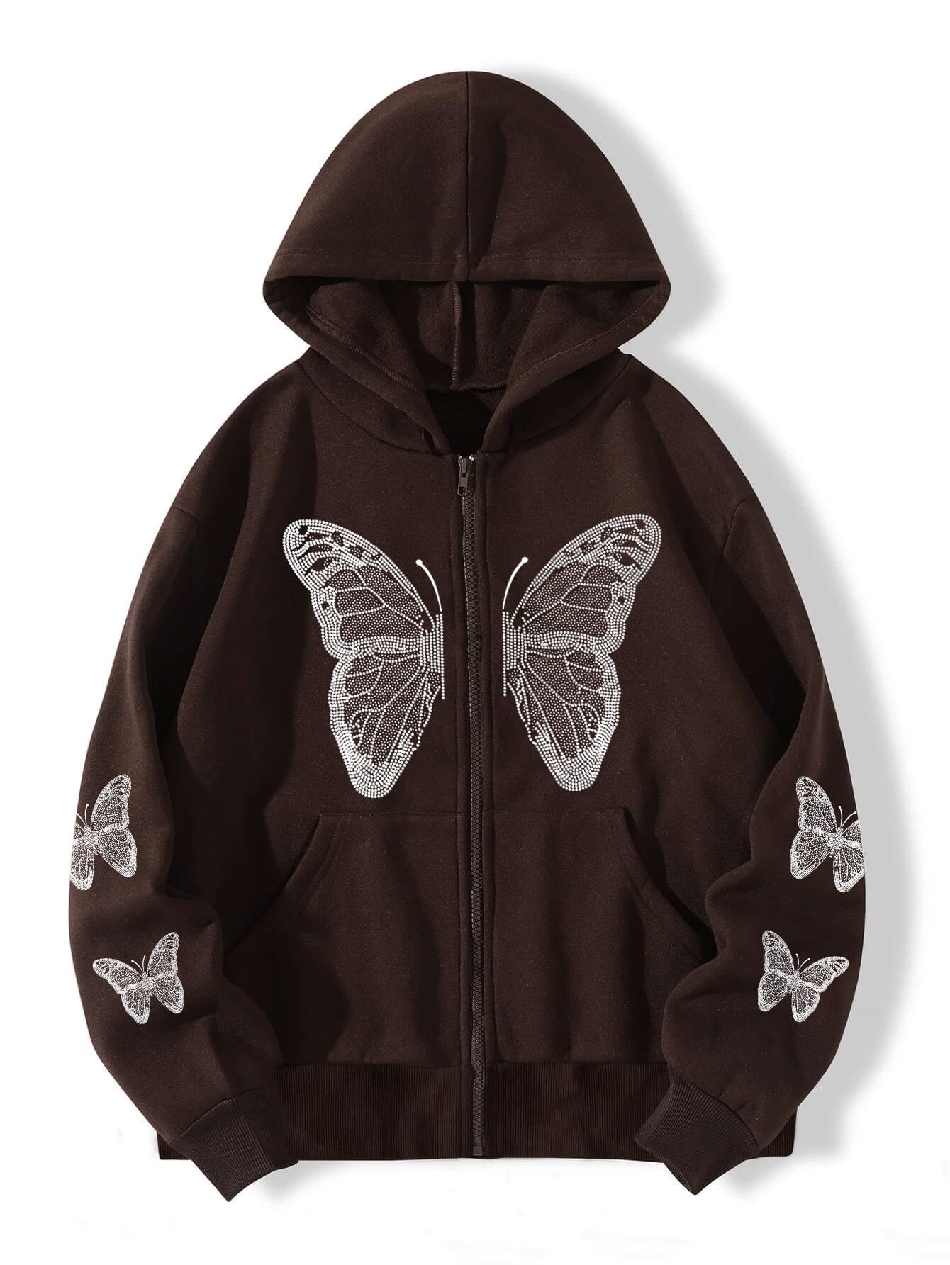 Butterfly Print Fleece Hooded Sweatshirt