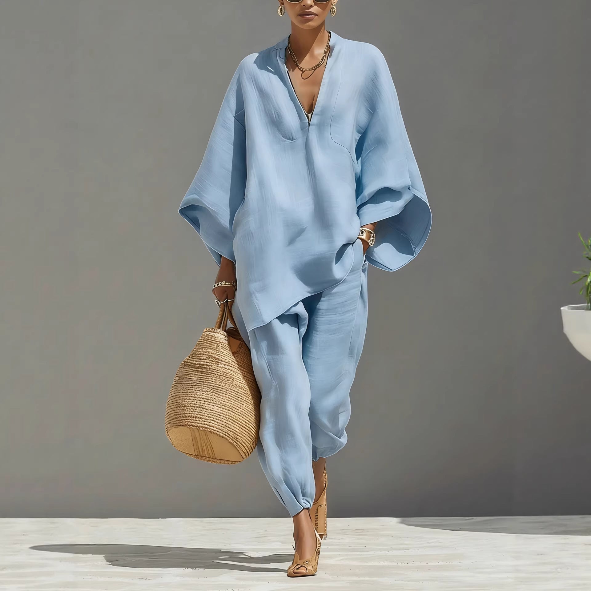 Womens Batwing Sleeve Casual Shirt Set