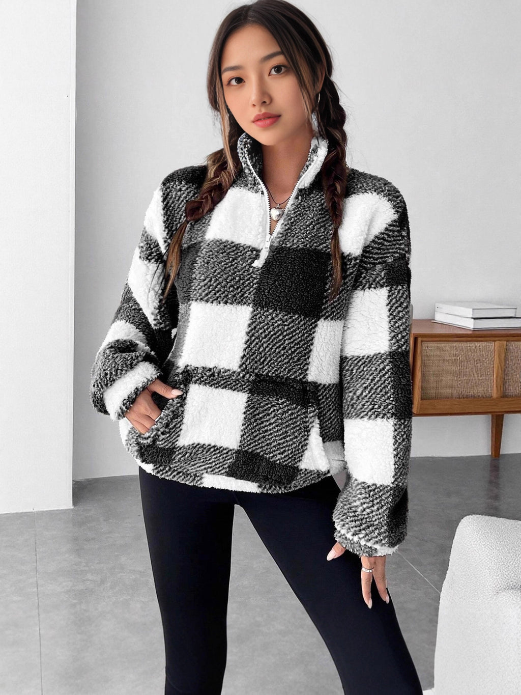 Plaid Half Open Collar Plush Sweatshirt