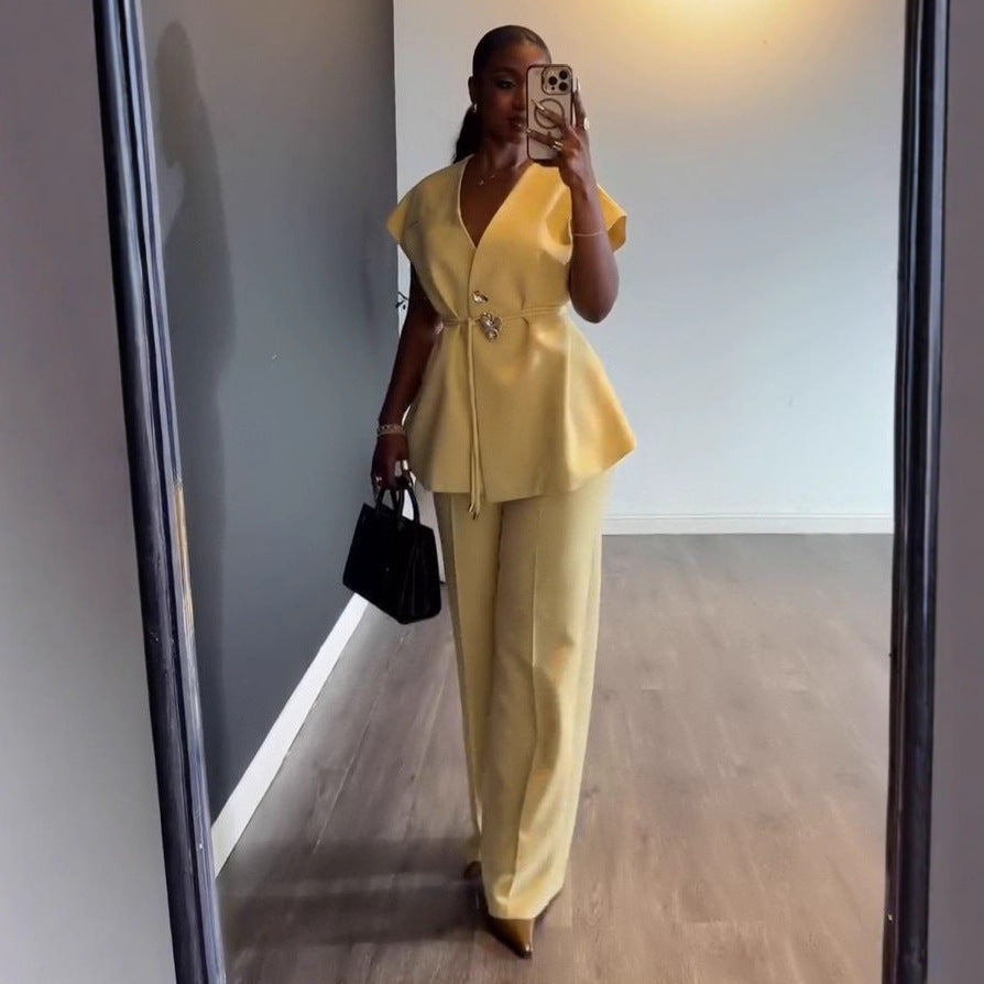 Womens V-Neck Sleeveless Top and Wide-Leg Pants