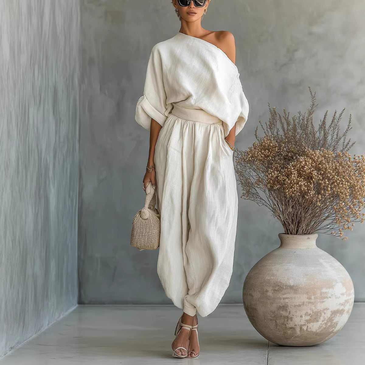 Womens Cotton Linen Wide Leg Pants Suit