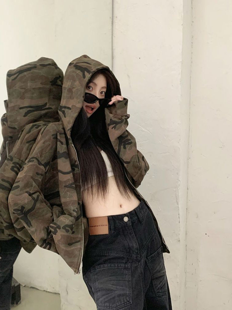 Retro Camouflage Hooded Zipper Jacket