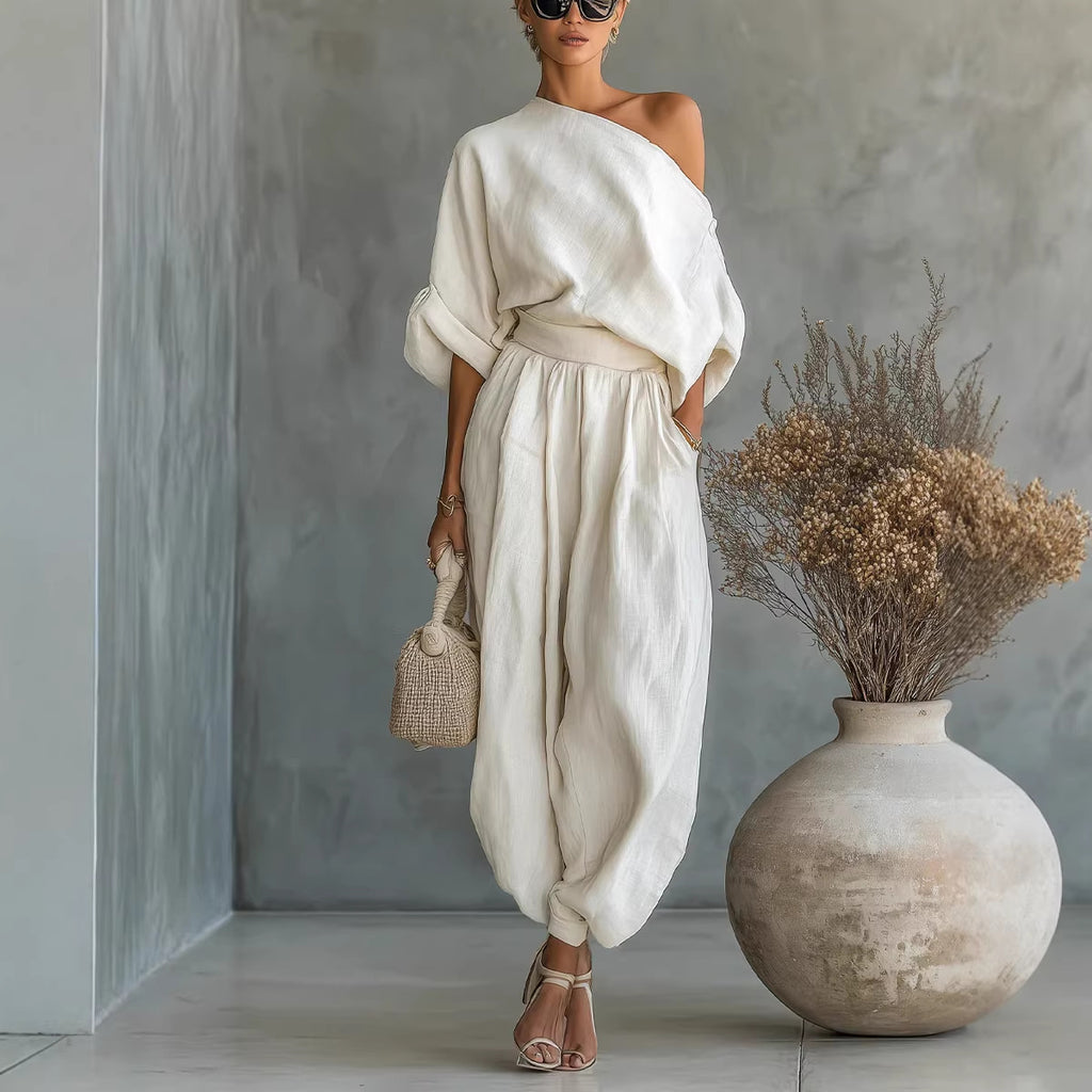 Womens Cotton Linen Wide Leg Pants Suit