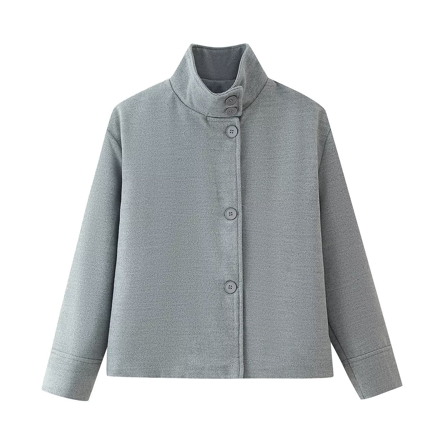 Womens Stand Collar Button Woolen Jacket