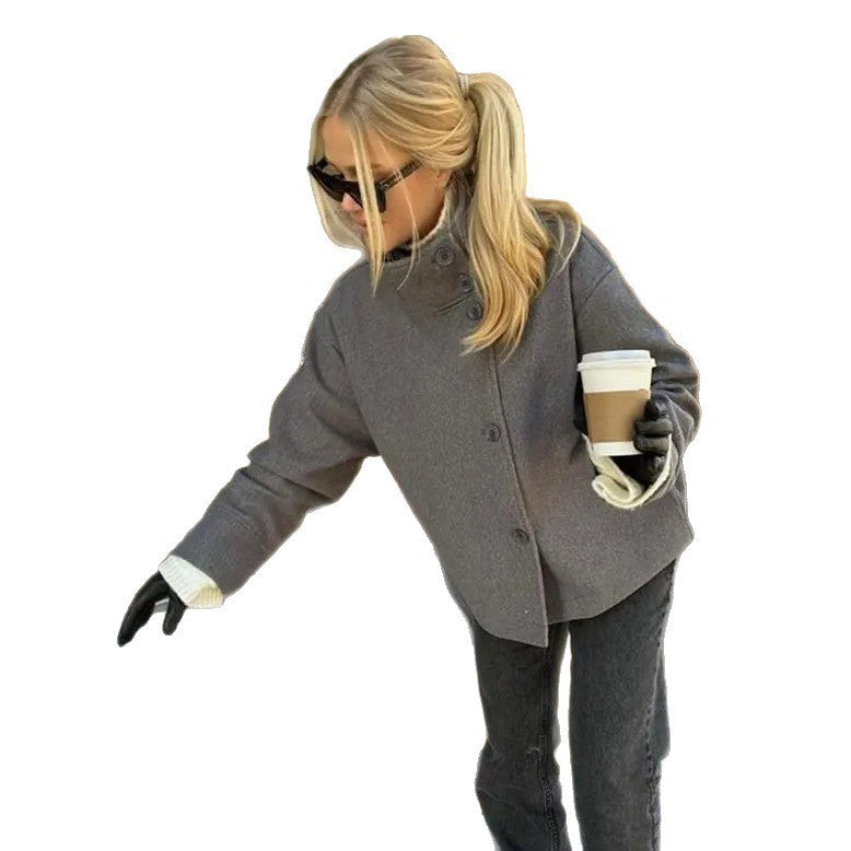Short wool-blend single-breasted coat with a stand-up collar