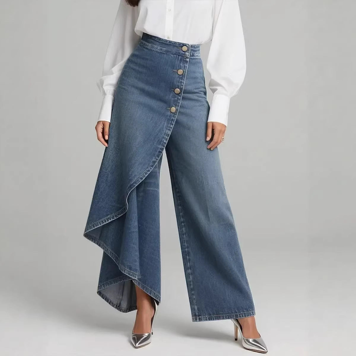 Printed Buttoned Wide Leg Pants