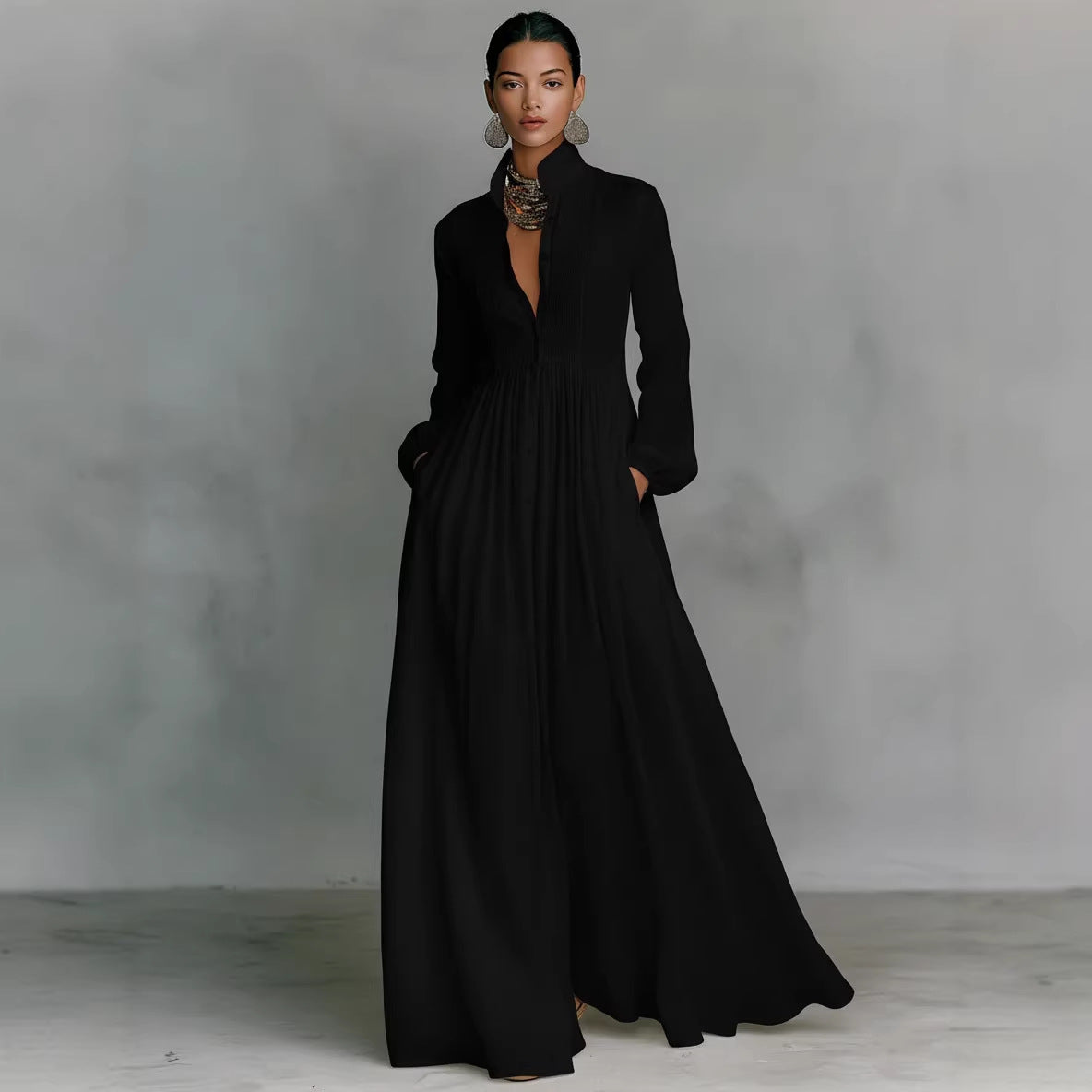 Elegant Pleated Long Sleeve Dress