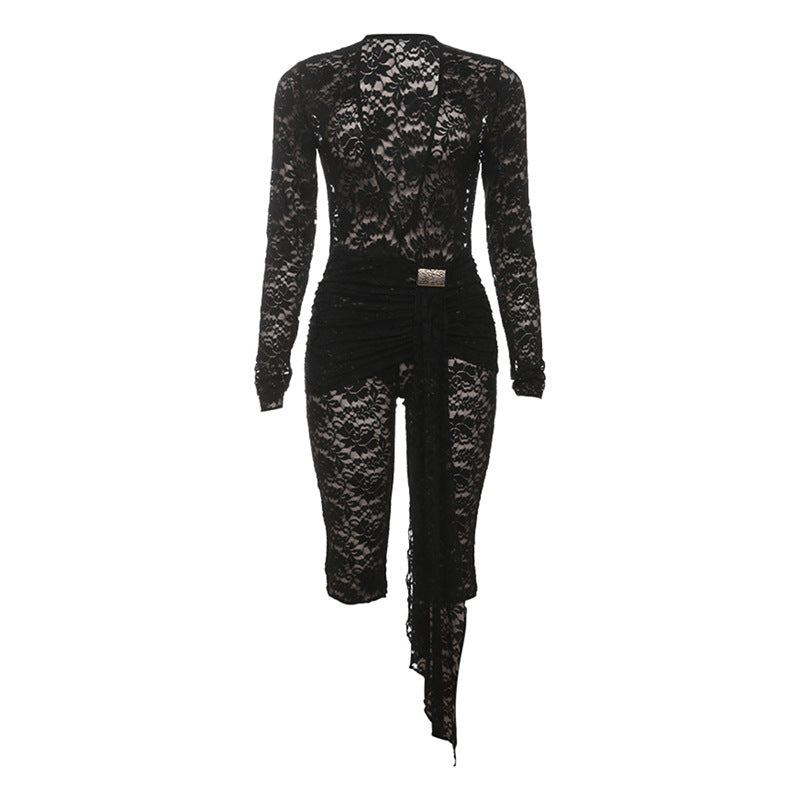 Lace Deep V Neck Long Sleeve Jumpsuit