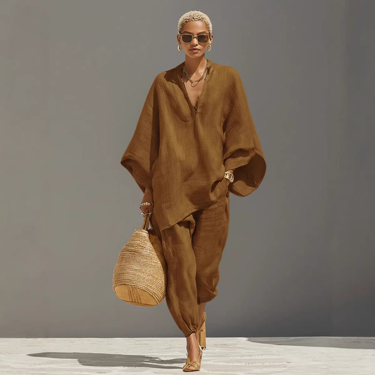 Womens Batwing Sleeve Casual Shirt Set