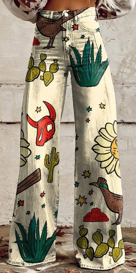 Women's 3D Printed Faux Denim Wide-Leg Pants