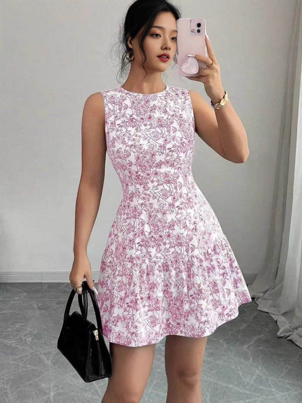 Floral Print Sleeveless Cake Skirt Dress